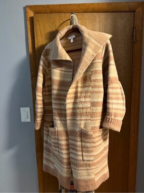 Studio Striped Teddy Coat in Beige and Cream